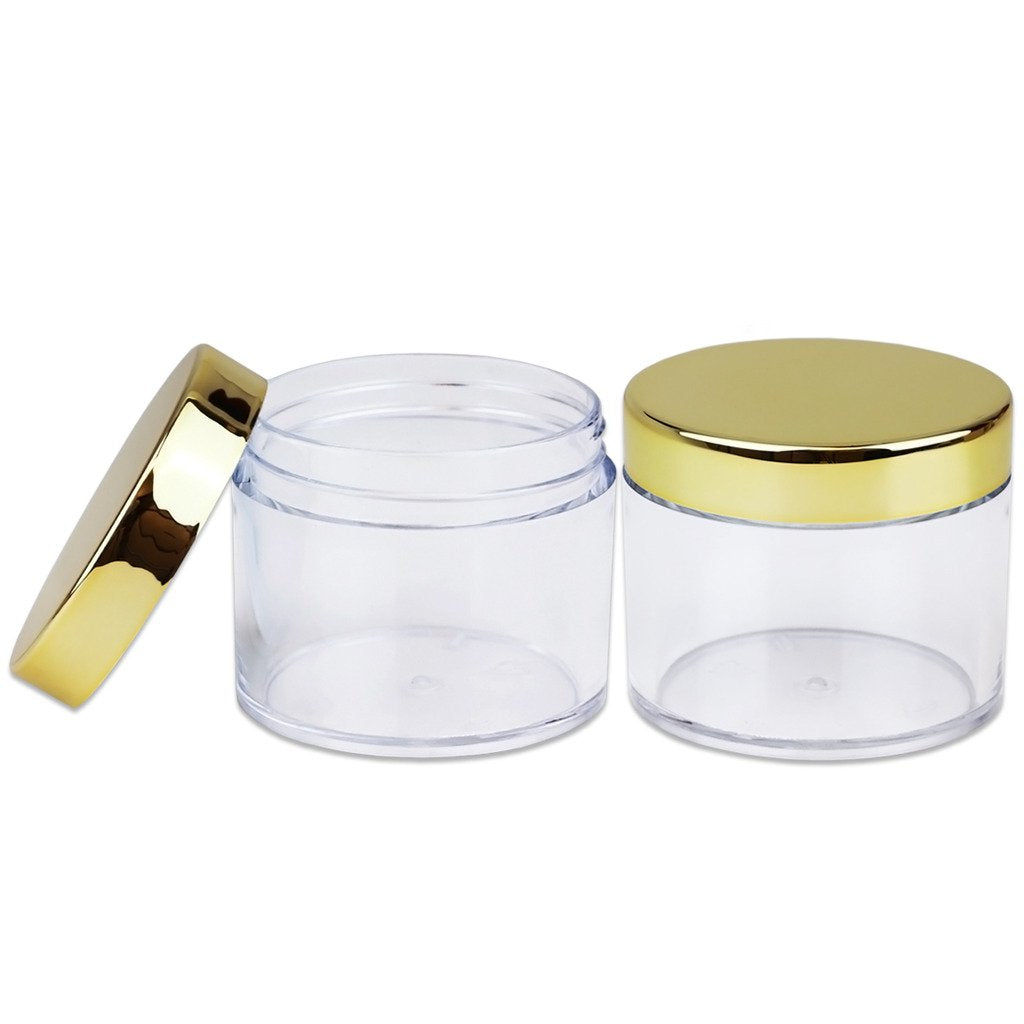 Beauticom 60 Grams/60 ML (2 Oz) Round Clear Leak Proof Plastic Container Jars with Gold Lids for Travel Storage Makeup Cosmetic Lotion Scrubs Creams Oils Salves Ointments (6 Jars)